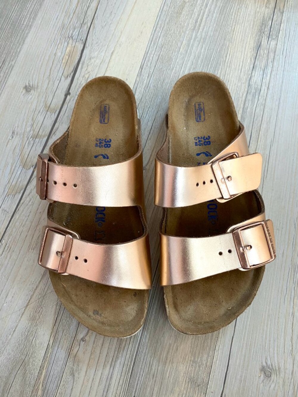 Birkenstock Metallic Rose Gold Sandals - Size 38